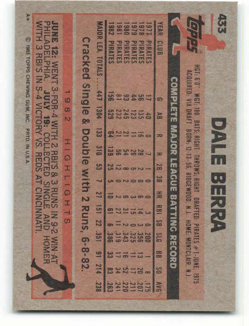 1983 Topps #433 Dale Berra EX Excellent Pittsburgh Pirates Baseball Card - Baseball Card Single