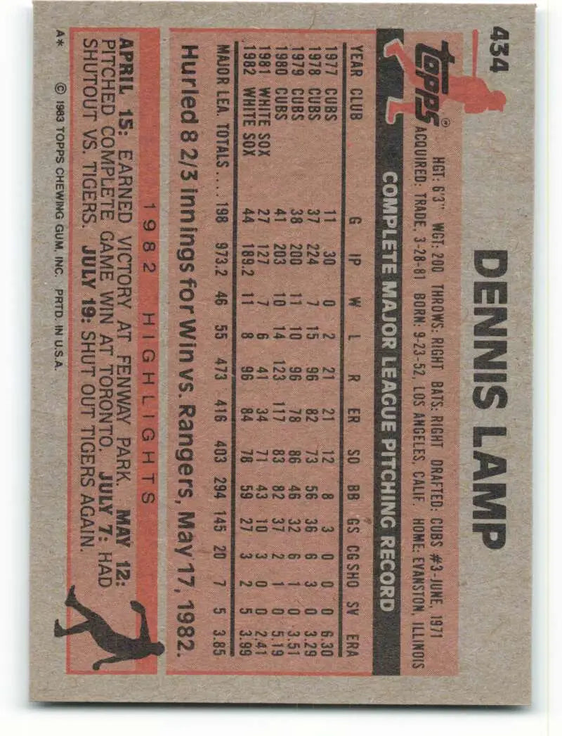1983 Topps #434 Dennis Lamp EX Excellent Chicago White Sox Baseball Card - Baseball Card Single