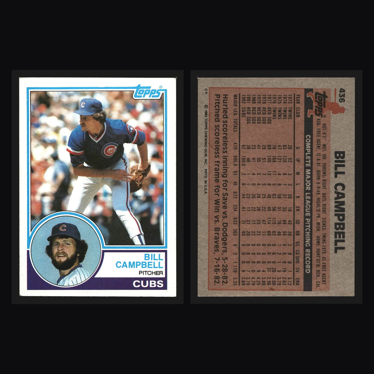 1983 Topps #436 Bill Campbell Chicago Cubs - Baseball Card Single