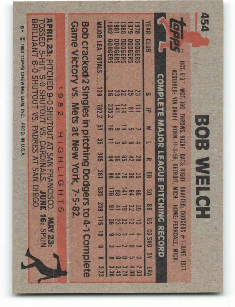 1983 Topps #454 Bob Welch EX Excellent Los Angeles Dodgers Baseball Card - Baseball Card Single