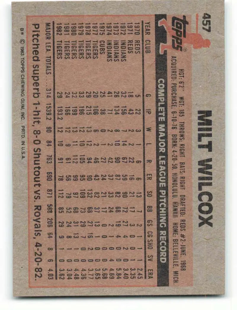 1983 Topps #457 Milt Wilcox EX Excellent Detroit Tigers Baseball Card - Baseball Card Single