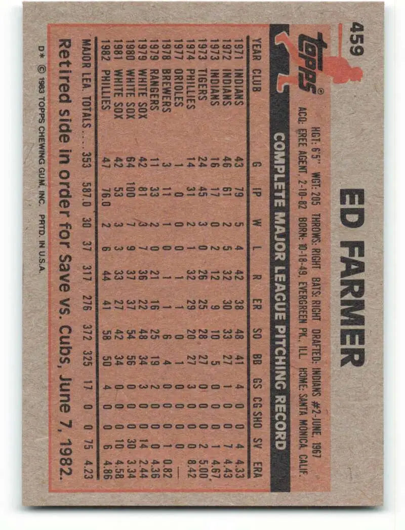 1983 Topps #459 Ed Farmer EX Excellent Philadelphia Phillies Baseball Card - Baseball Card Single