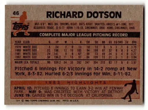 Original gloss Richard Dotson Chicago White Sox baseball card from 1983 Topps