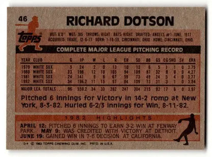 Original gloss Richard Dotson Chicago White Sox baseball card from 1983 Topps