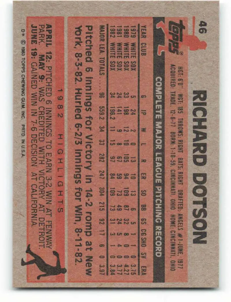 1983 Topps #46 Richard Dotson EX Excellent Chicago White Sox Baseball Card - Baseball Card Single