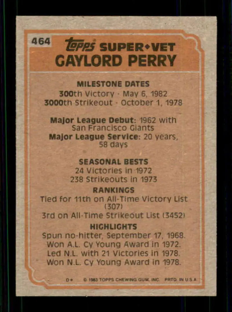 1983 Topps #464 Gaylord Perry EX Excellent San Francisco Giants/Seattle Mariners Baseball Card - Baseball Card Single