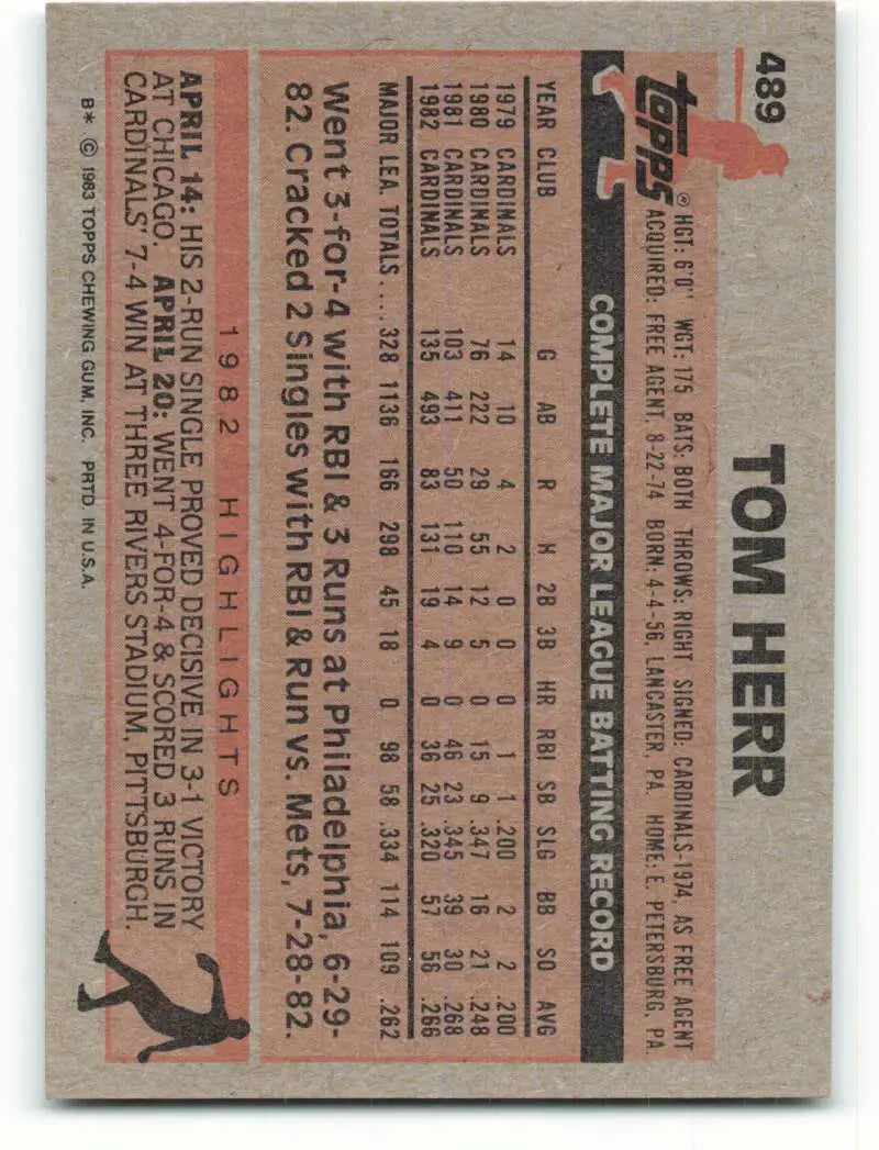 1983 Topps #489 Tom Herr EX Excellent St. Louis Cardinals Baseball Card - Baseball Card Single