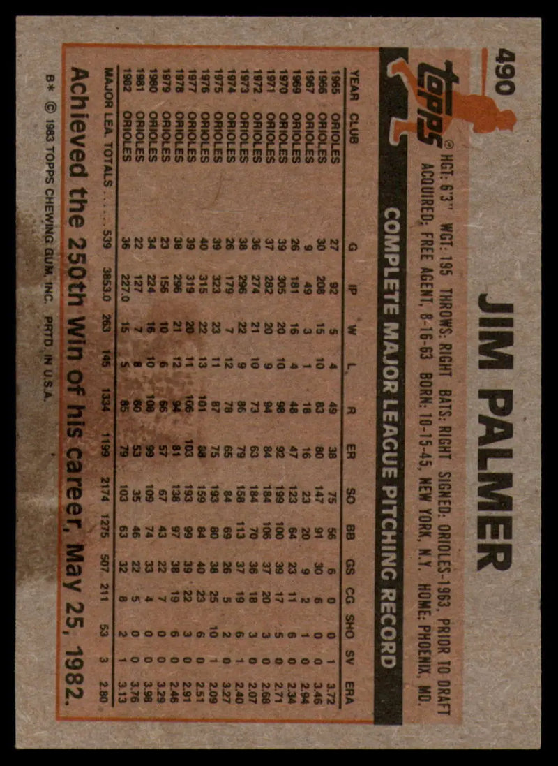 1983 Topps #490 Jim Palmer EX Excellent Baltimore Orioles Baseball Card - Baseball Card Single