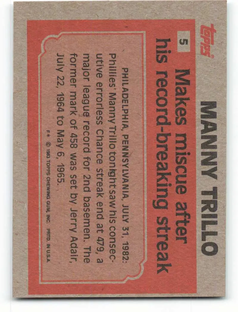 1983 Topps #5 Manny Trillo EX Excellent Philadelphia Phillies Baseball Card - Baseball Card Single