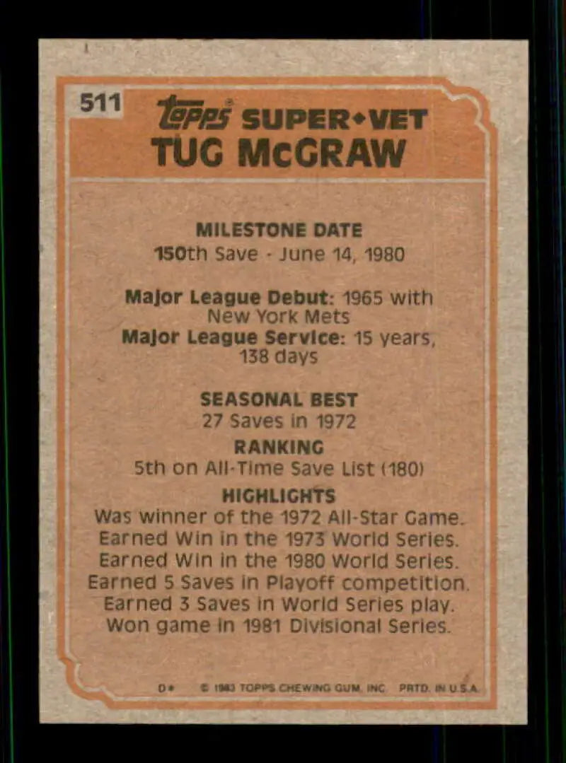 1983 Topps #511 Tug McGraw EX Excellent New York Mets/Philadelphia Phillies Baseball Card - Baseball Card Single