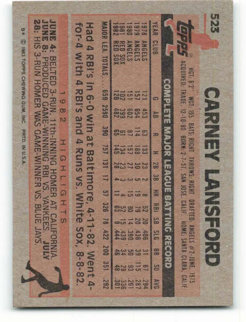 1983 Topps #523 Carney Lansford EX Excellent Boston Red Sox Baseball Card - Baseball Card Single