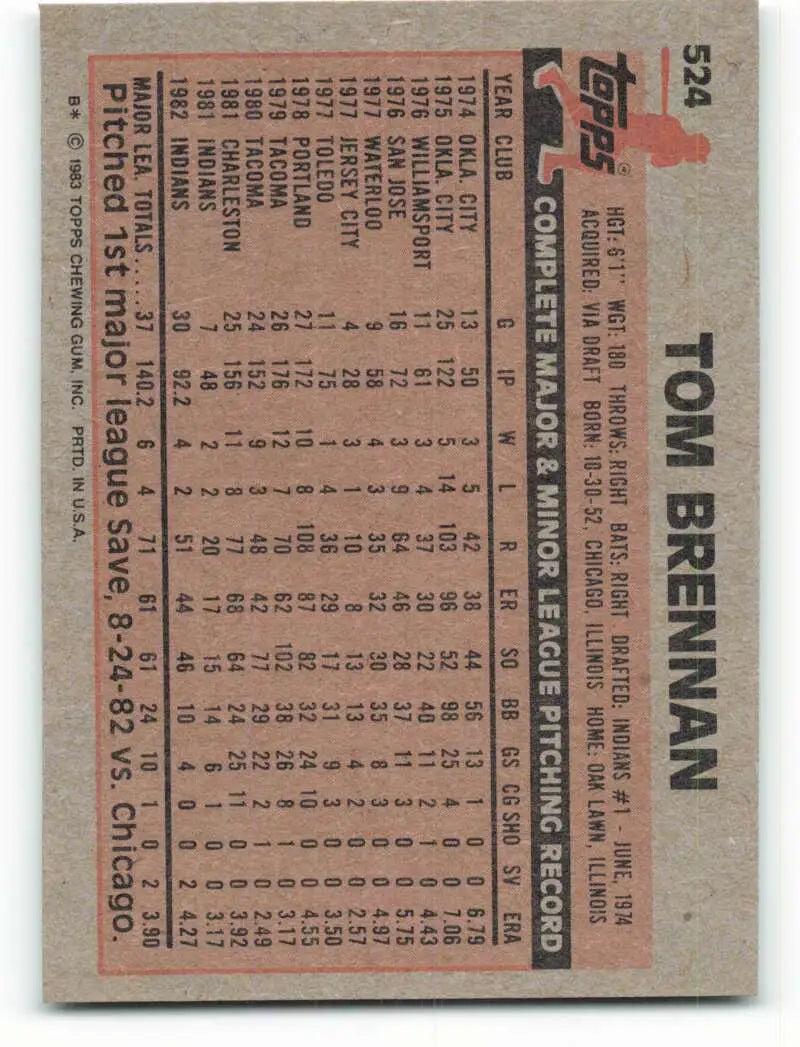 1983 Topps #524 Tom Brennan EX Excellent Cleveland Indians Baseball Card - Baseball Card Single