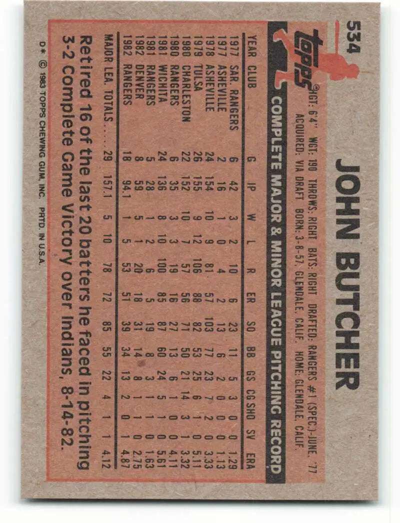 1983 Topps #534 John Butcher EX Excellent Texas Rangers Baseball Card - Baseball Card Single
