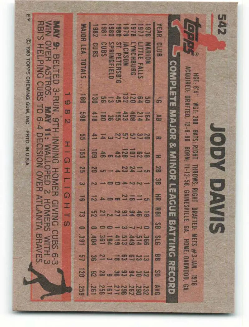 1983 Topps #542 Jody Davis EX Excellent Chicago Cubs Baseball Card - Baseball Card Single