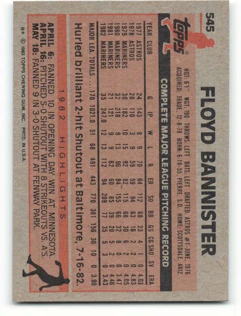 1983 Topps #545 Floyd Bannister EX Excellent Seattle Mariners Baseball Card - Baseball Card Single
