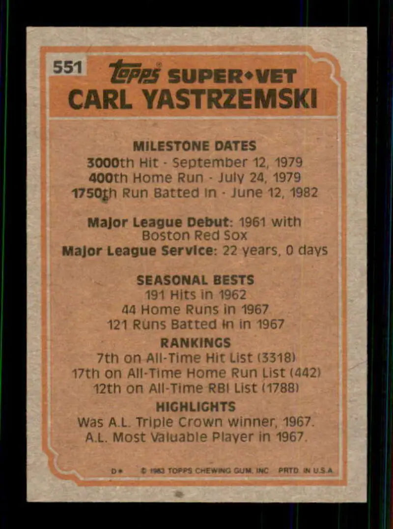 1983 Topps #551 Carl Yastrzemski EX Excellent Boston Red Sox Baseball Card - Baseball Card Single