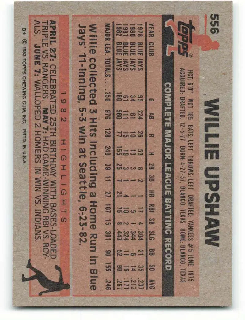 1983 Topps #556 Willie Upshaw EX Excellent Toronto Blue Jays Baseball Card - Baseball Card Single
