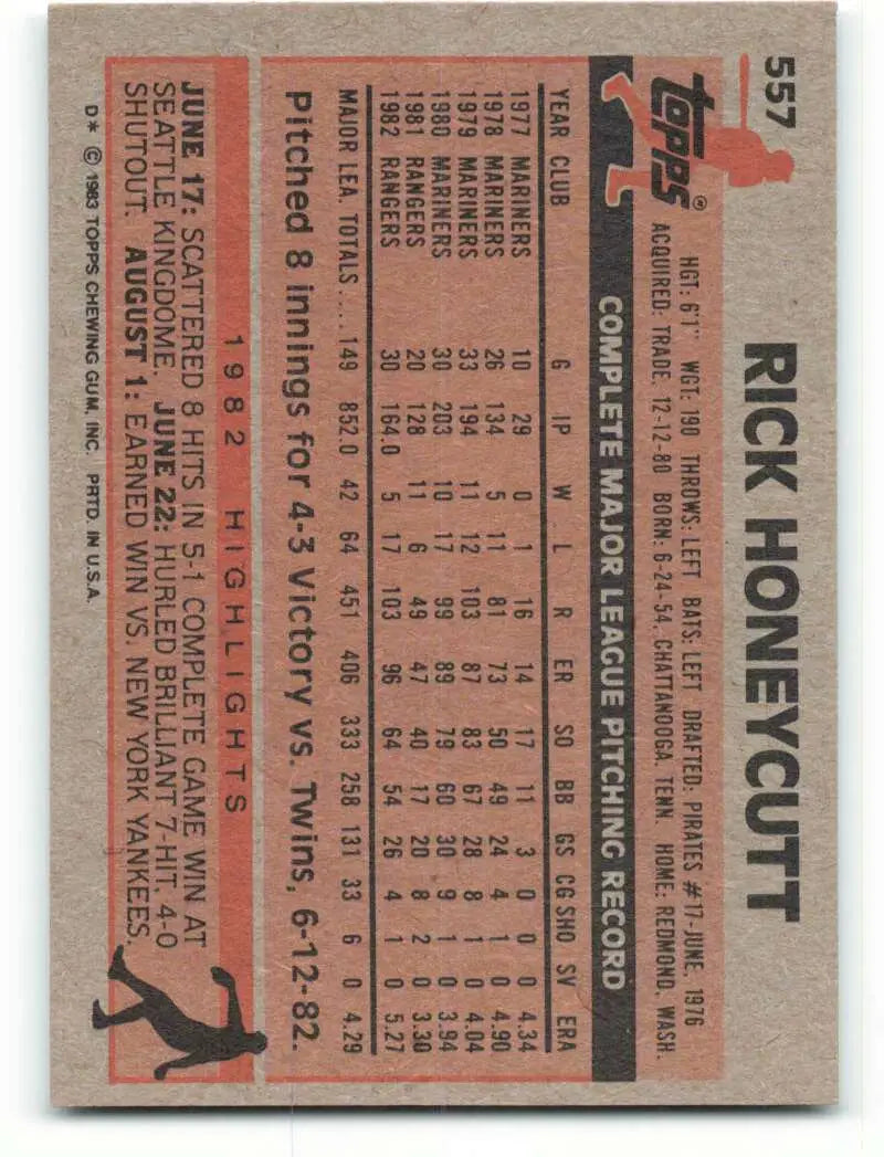 1983 Topps #557 Rick Honeycutt EX Excellent Texas Rangers Baseball Card - Baseball Card Single
