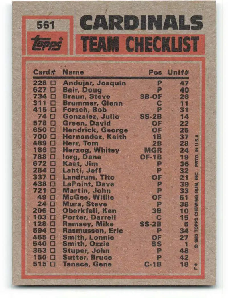 1983 Topps #561 Lonnie Smith/Joaquin Andujar EX Excellent St. Louis Cardinals Baseball Card - Baseball Card Single