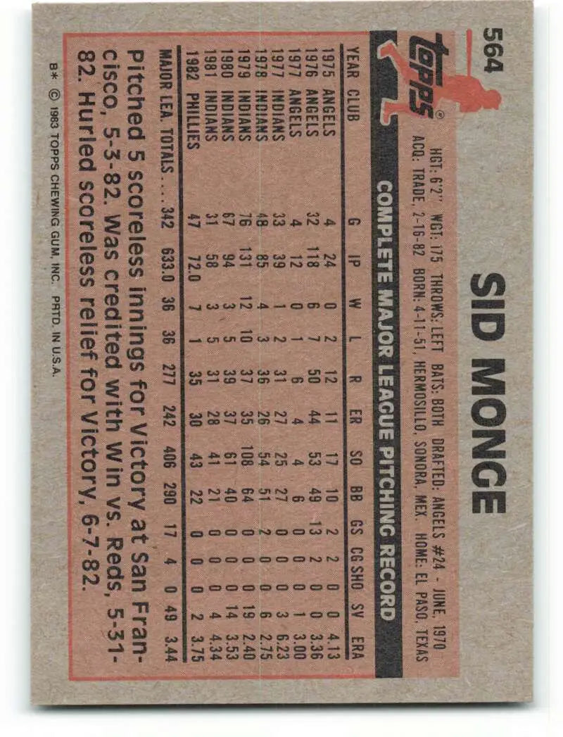 1983 Topps #564 Sid Monge EX Excellent Philadelphia Phillies Baseball Card - Baseball Card Single