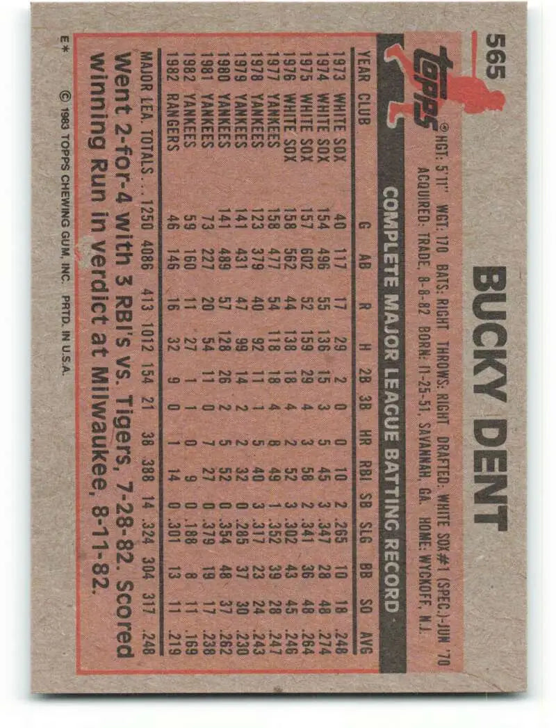 1983 Topps #565 Bucky Dent EX Excellent Texas Rangers Baseball Card - Baseball Card Single