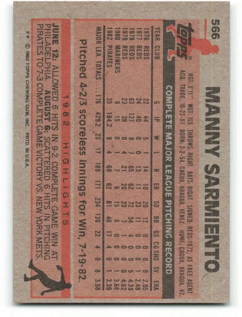1983 Topps #566 Manny Sarmiento EX Excellent Pittsburgh Pirates Baseball Card - Baseball Card Single