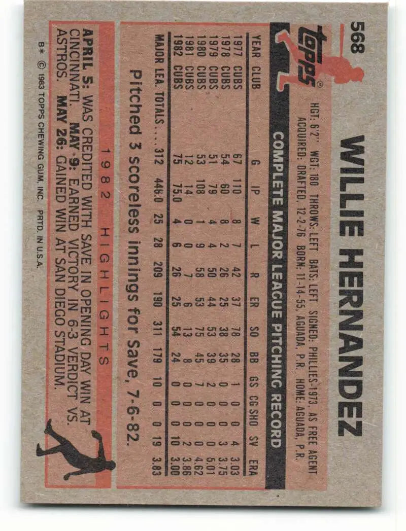 1983 Topps #568 Willie Hernandez EX Excellent Chicago Cubs Baseball Card - Baseball Card Single