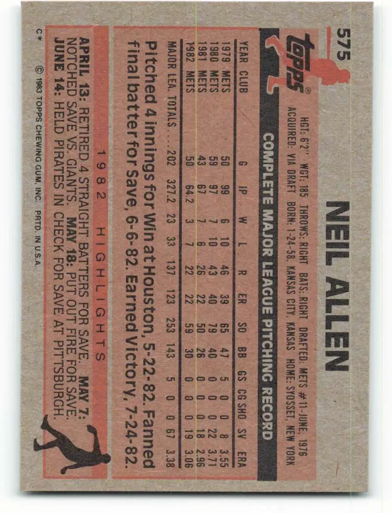 1983 Topps #575 Neil Allen EX Excellent New York Mets Baseball Card