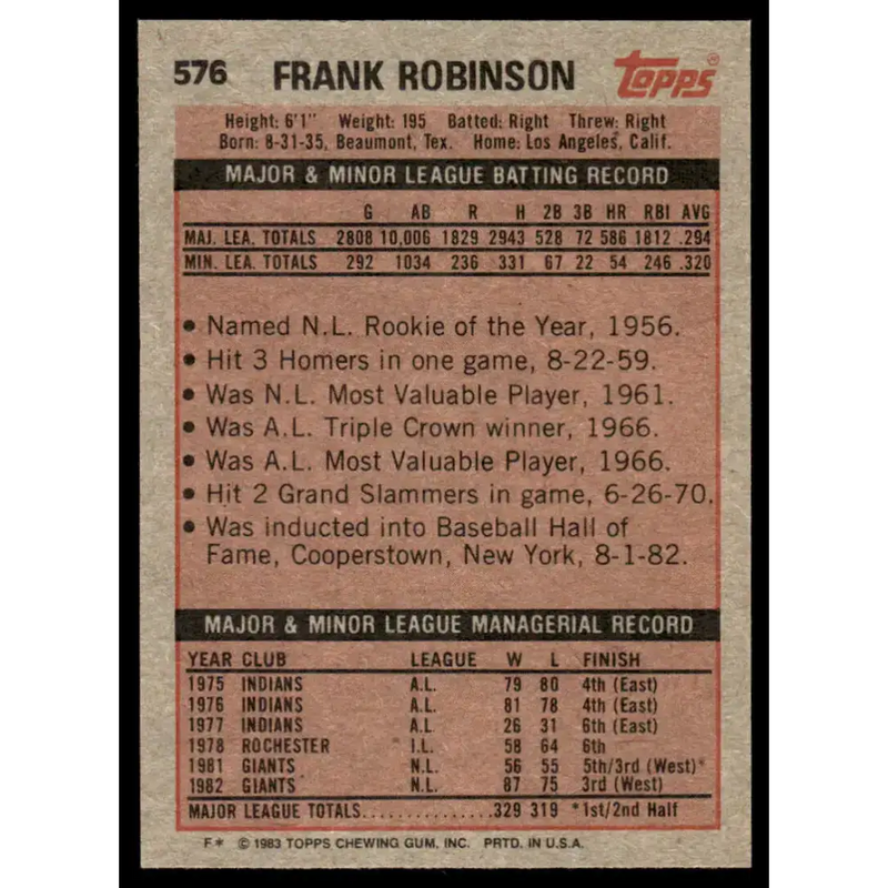 1983 Topps #576 Frank Robinson EX/NM San Francisco Giants Baseball Card - Baseball Card Single