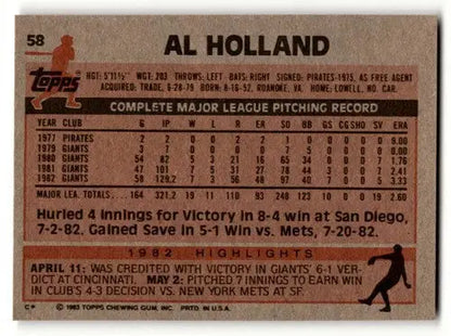 Vintage baseball card of Holland San Francisco Giants with original gloss from 1983