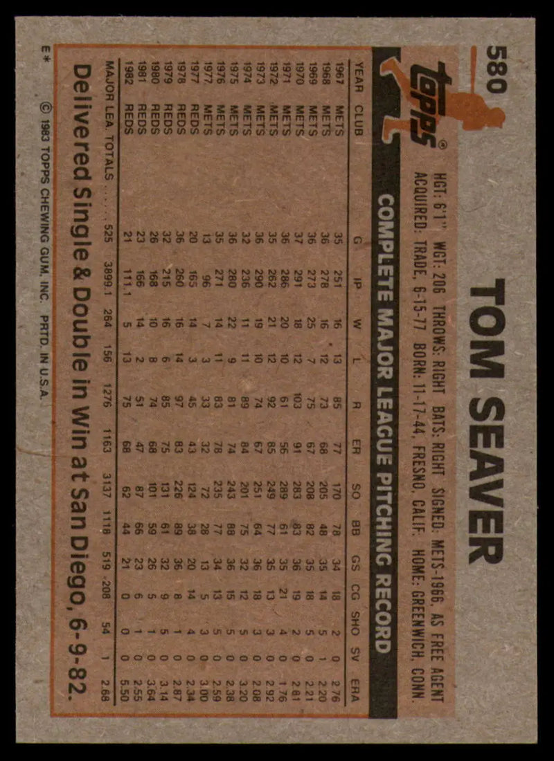 1983 Topps #580 Tom Seaver EX Excellent Cincinnati Reds Baseball Card - Baseball Card Single