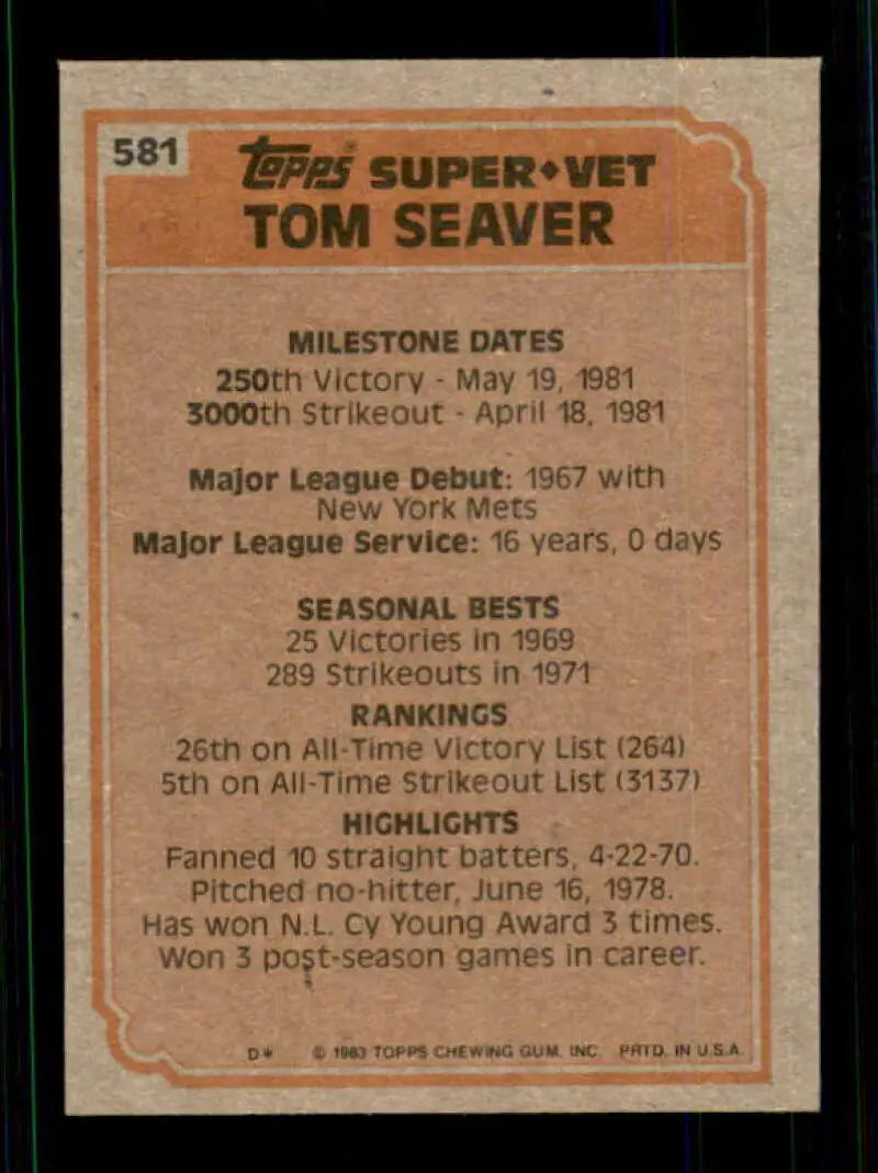 1983 Topps #581 Tom Seaver EX Excellent New York Mets/Cincinnati Reds Baseball Card - Baseball Card Single