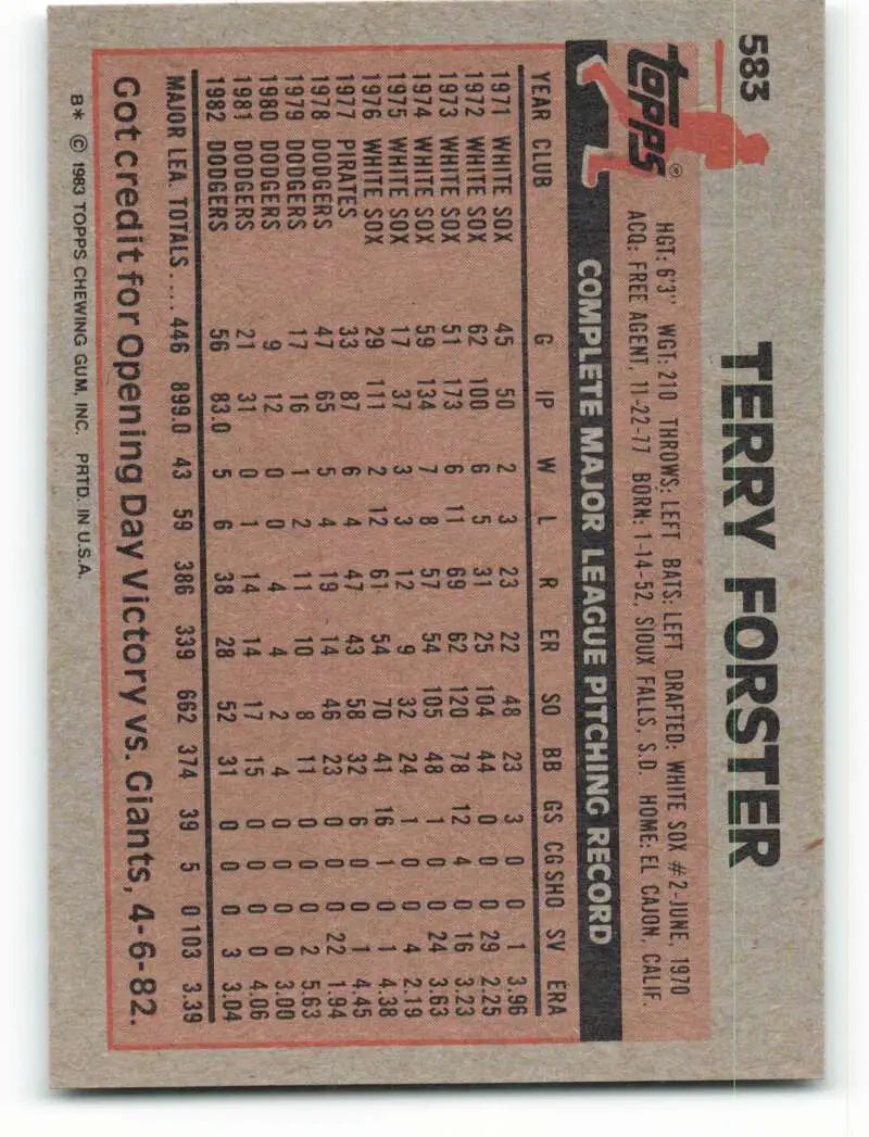 1983 Topps #583 Terry Forster EX Excellent Los Angeles Dodgers Baseball Card - Baseball Card Single