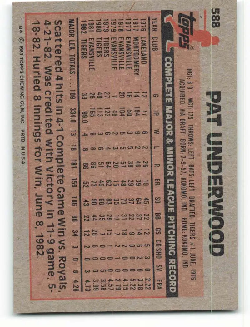 1983 Topps #588 Pat Underwood EX Excellent Detroit Tigers Baseball Card - Baseball Card Single