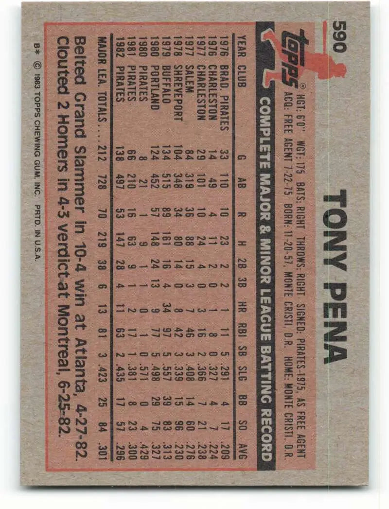 1983 Topps #590 Tony Pena EX Excellent Pittsburgh Pirates Baseball Card - Baseball Card Single