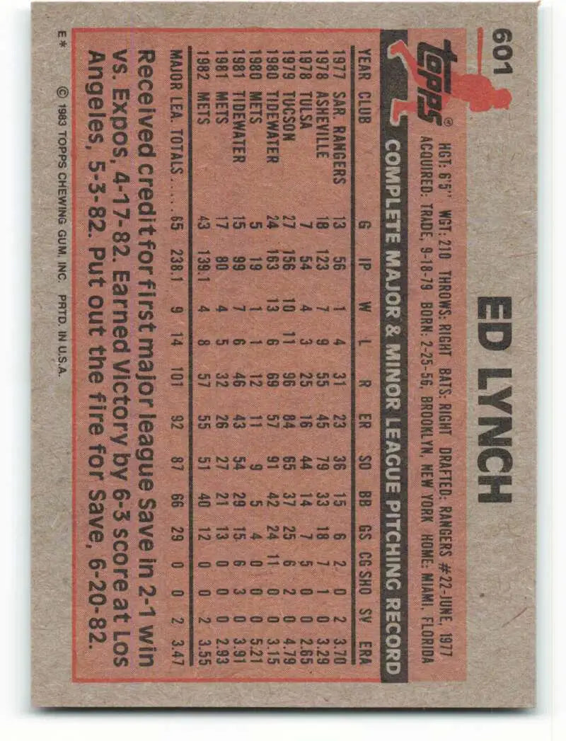 1983 Topps #601 Ed Lynch EX Excellent New York Mets Baseball Card - Baseball Card Single
