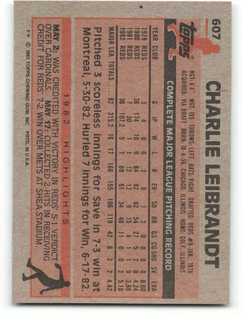 1983 Topps #607 Charlie Leibrandt EX Excellent Cincinnati Reds Baseball Card - Baseball Card Single