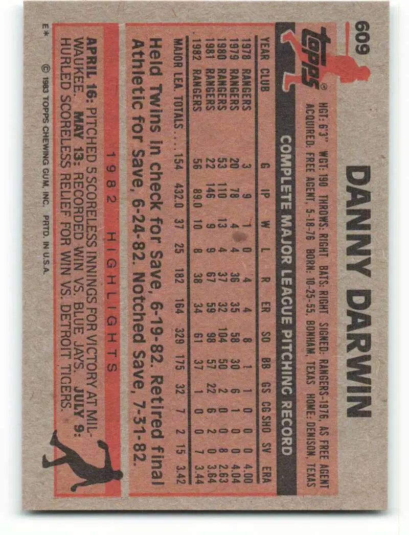 1983 Topps #609 Danny Darwin EX Excellent Texas Rangers Baseball Card - Baseball Card Single