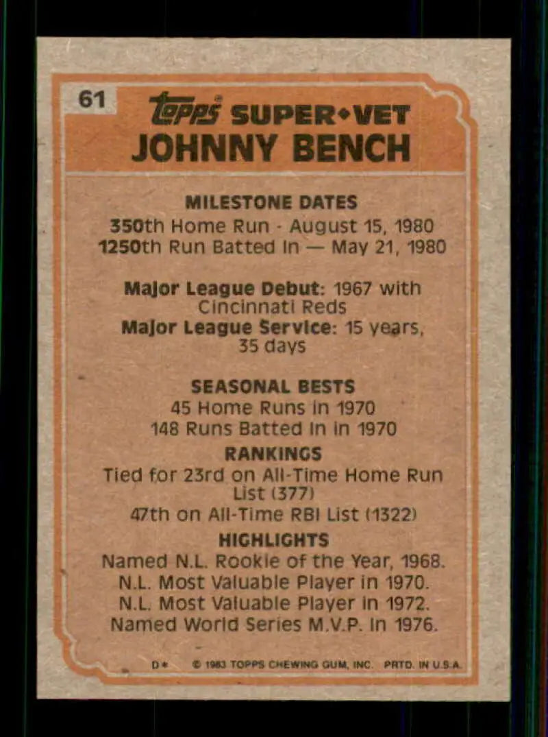 1983 Topps #61 Johnny Bench EX Excellent Cincinnati Reds Baseball Card - Baseball Card Single