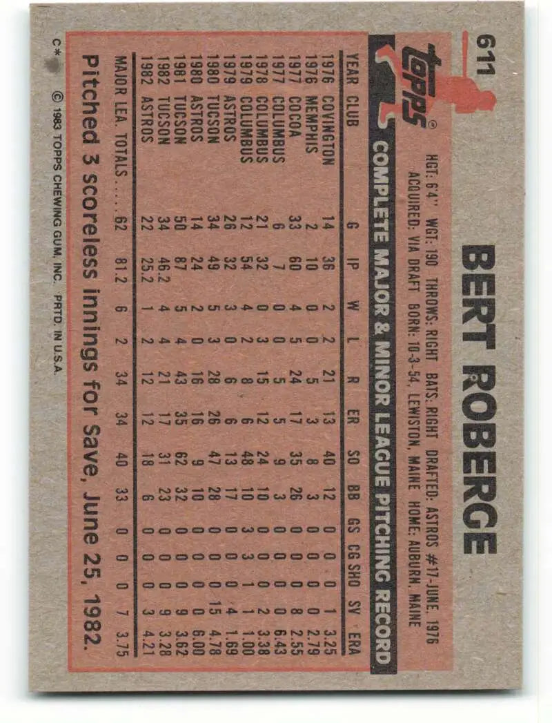 1983 Topps #611 Bert Roberge EX Excellent Houston Astros Baseball Card - Baseball Card Single