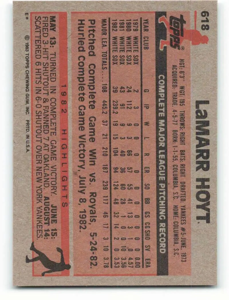 1983 Topps #618 LaMarr Hoyt EX Excellent Chicago White Sox Baseball Card - Baseball Card Single