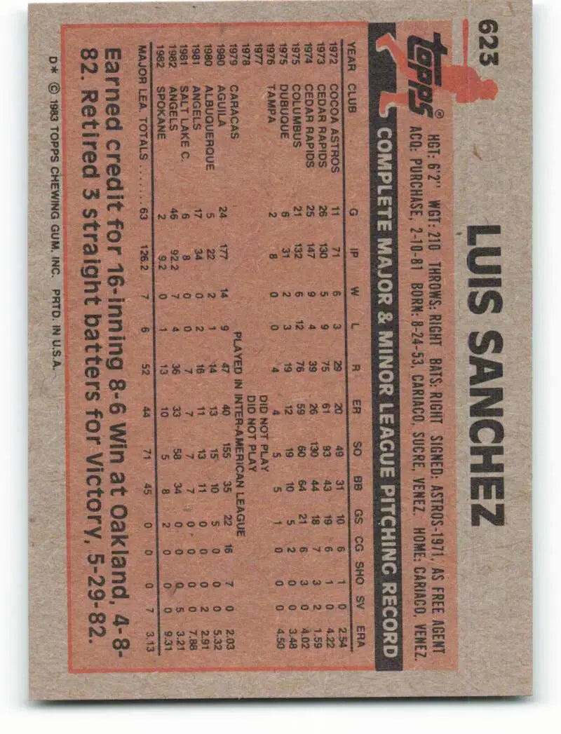 1983 Topps #623 Luis Sanchez EX Excellent California Angels Baseball Card - Baseball Card Single