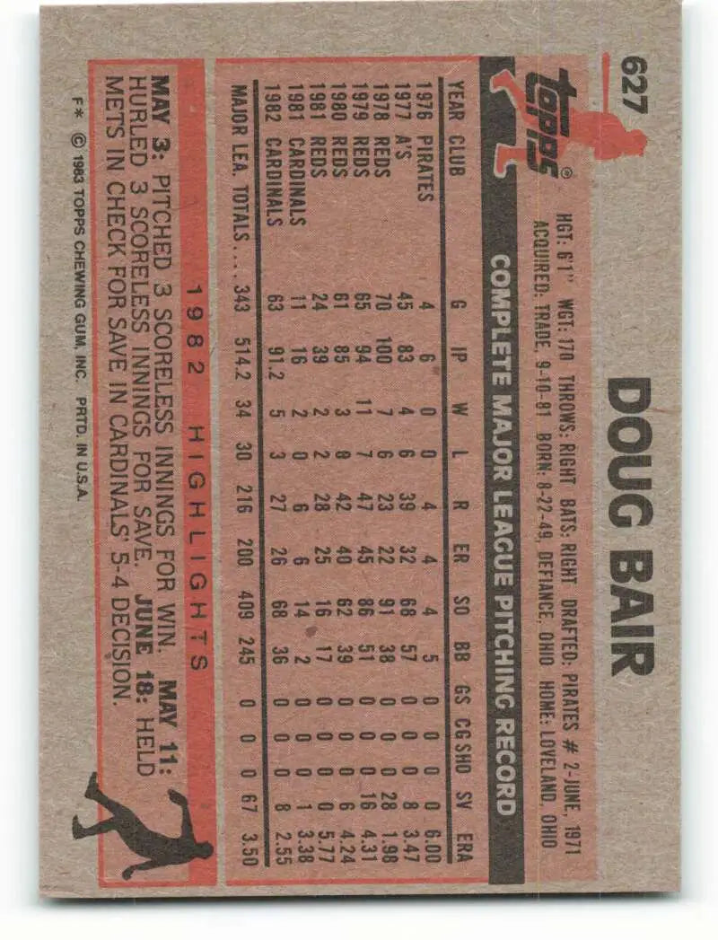 1983 Topps #627 Doug Bair EX Excellent St. Louis Cardinals Baseball Card - Baseball Card Single