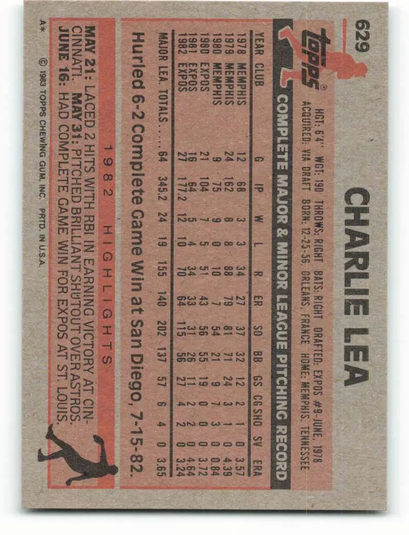 1983 Topps #629 Charlie Lea EX Excellent Montreal Expos Baseball Card - Baseball Card Single