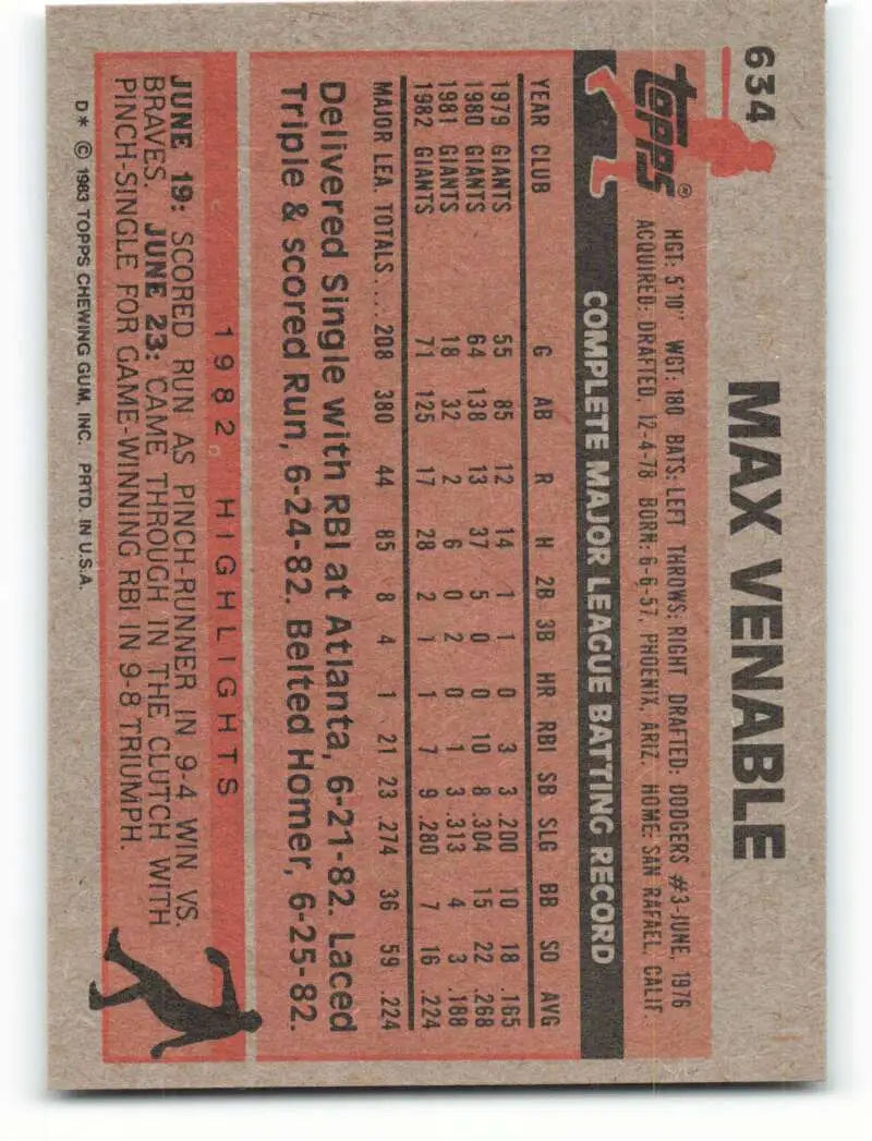 1983 Topps #634 Max Venable EX Excellent San Francisco Giants Baseball Card - Baseball Card Single