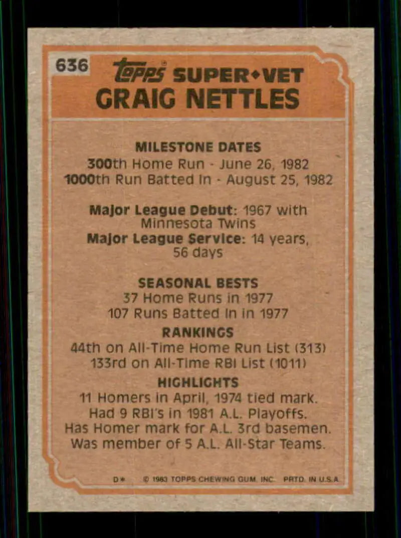 1983 Topps #636 Graig Nettles EX Excellent Minnesota Twins/New York Yankees Baseball Card - Baseball Card Single