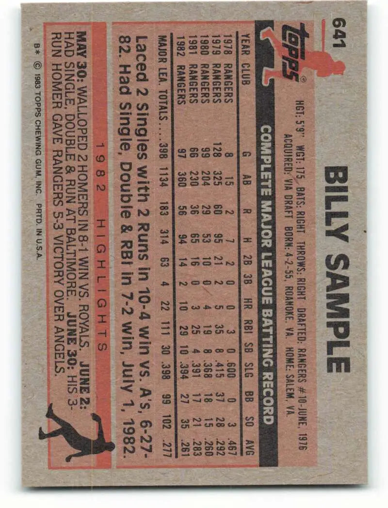 1983 Topps #641 Billy Sample EX Excellent Texas Rangers Baseball Card - Baseball Card Single
