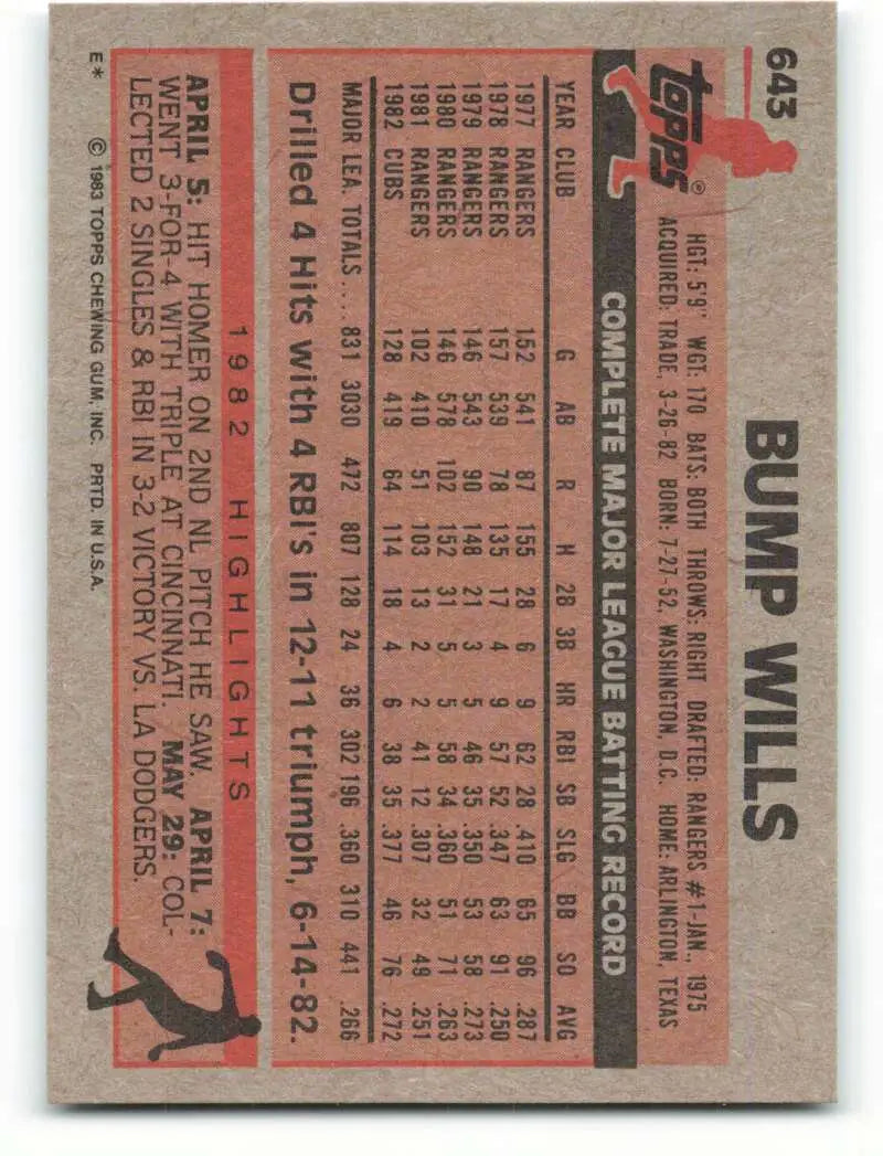 1983 Topps #643 Bump Wills EX Excellent Chicago Cubs Baseball Card - Baseball Card Single