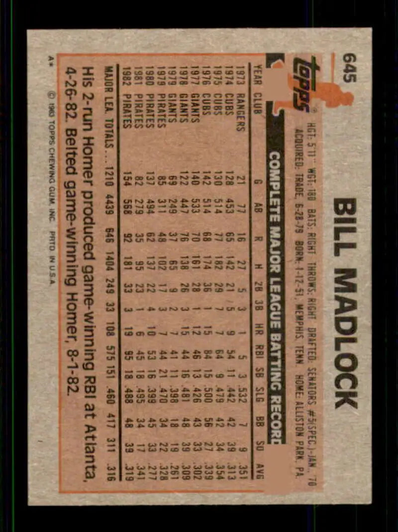 1983 Topps #645 Bill Madlock EX Excellent Pittsburgh Pirates Baseball Card - Baseball Card Single