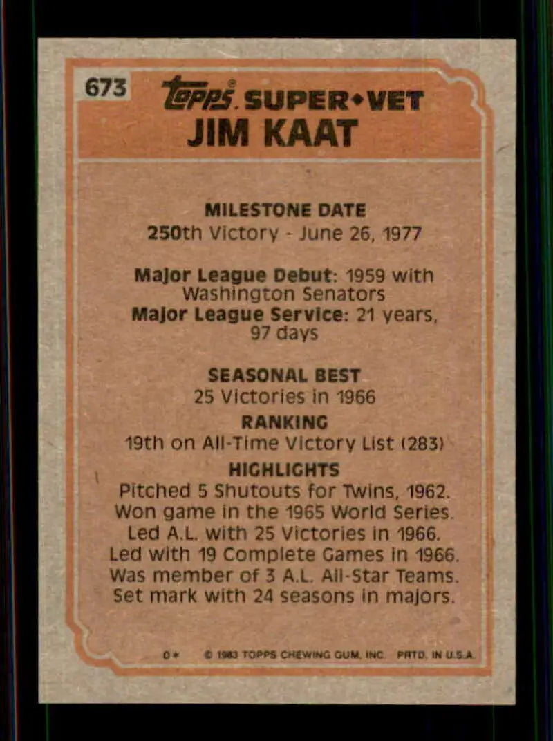 1983 Topps #673 Jim Kaat EX Excellent Washington Senators/St. Louis Cardinals Baseball Card - Baseball Card Single